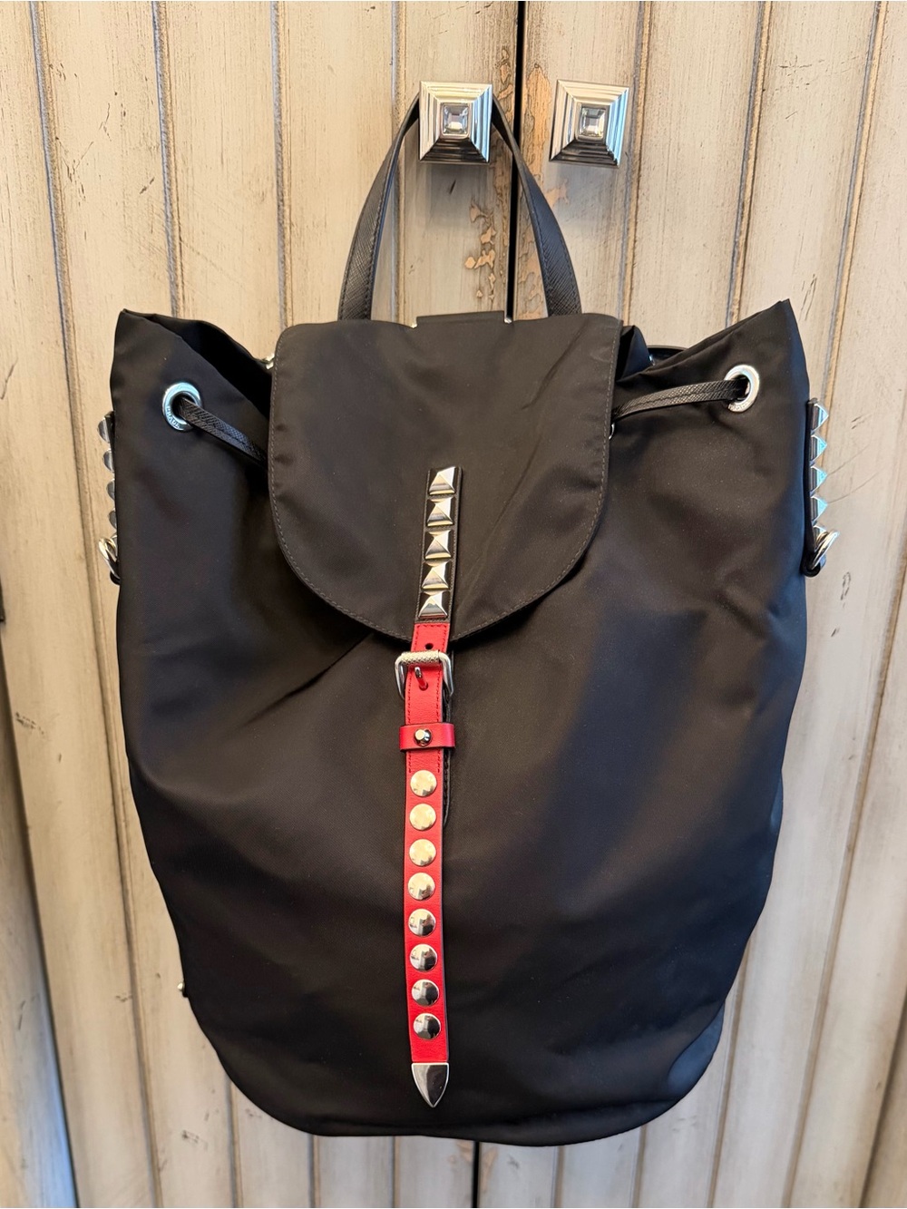 Prada Vela Black Nylon Backpack with Red Leather Studded Strap